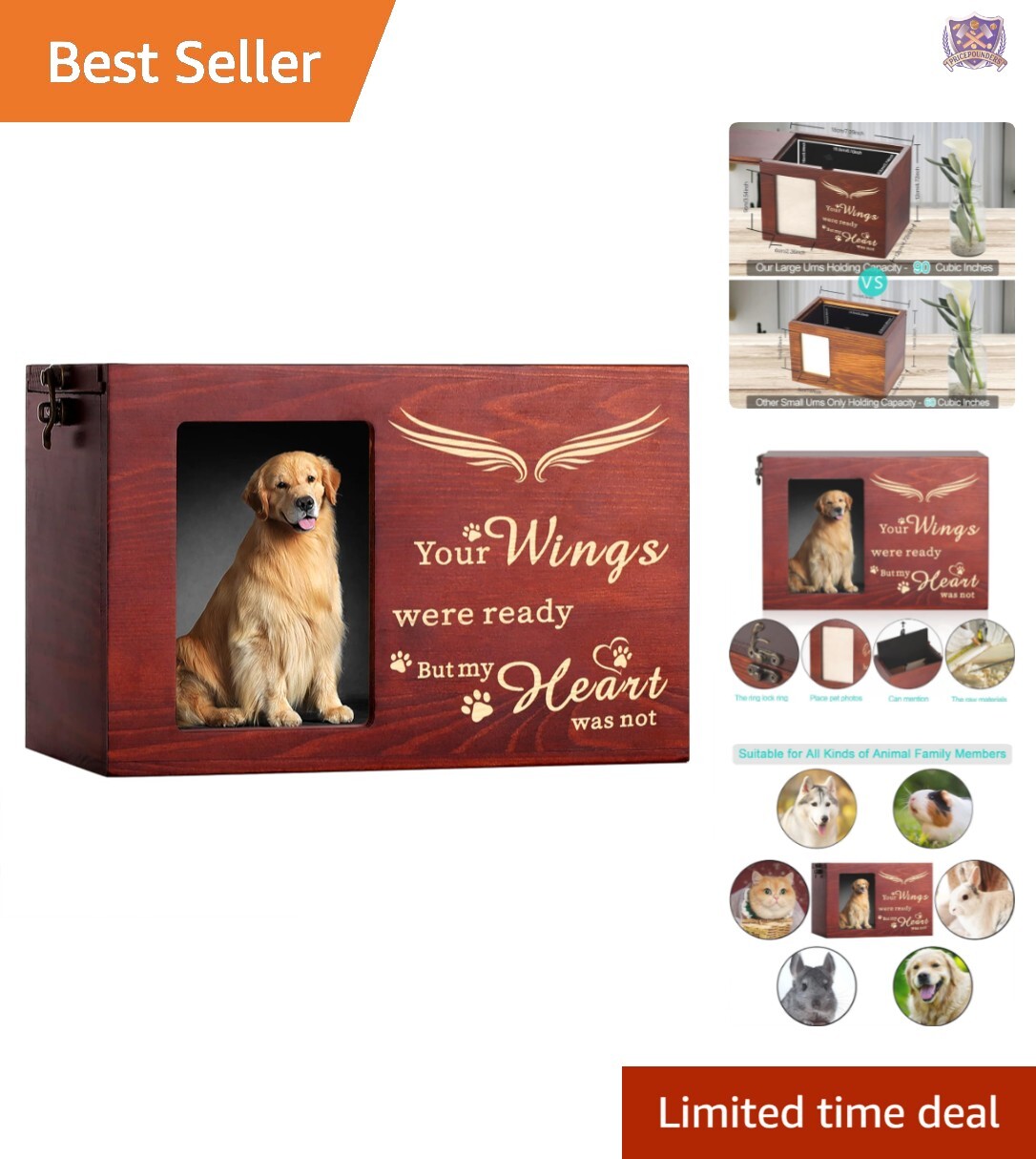 Handcrafted Pine Wood Pet Ashes Urn with Removable Photo Display & Lining