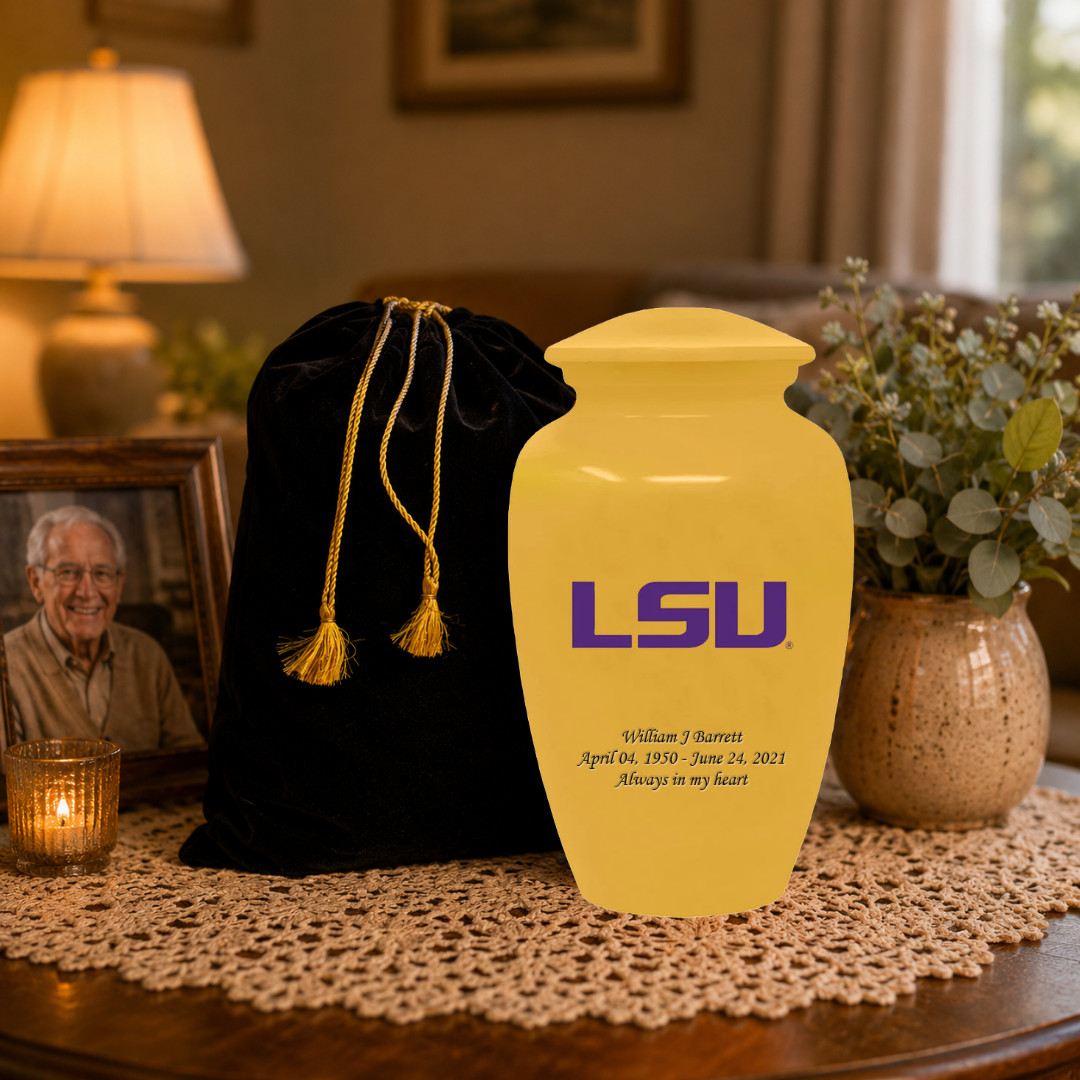 Personalized LSU Tigers Cremation Yellow Urn for Human Ashes Large Urns w/Bag