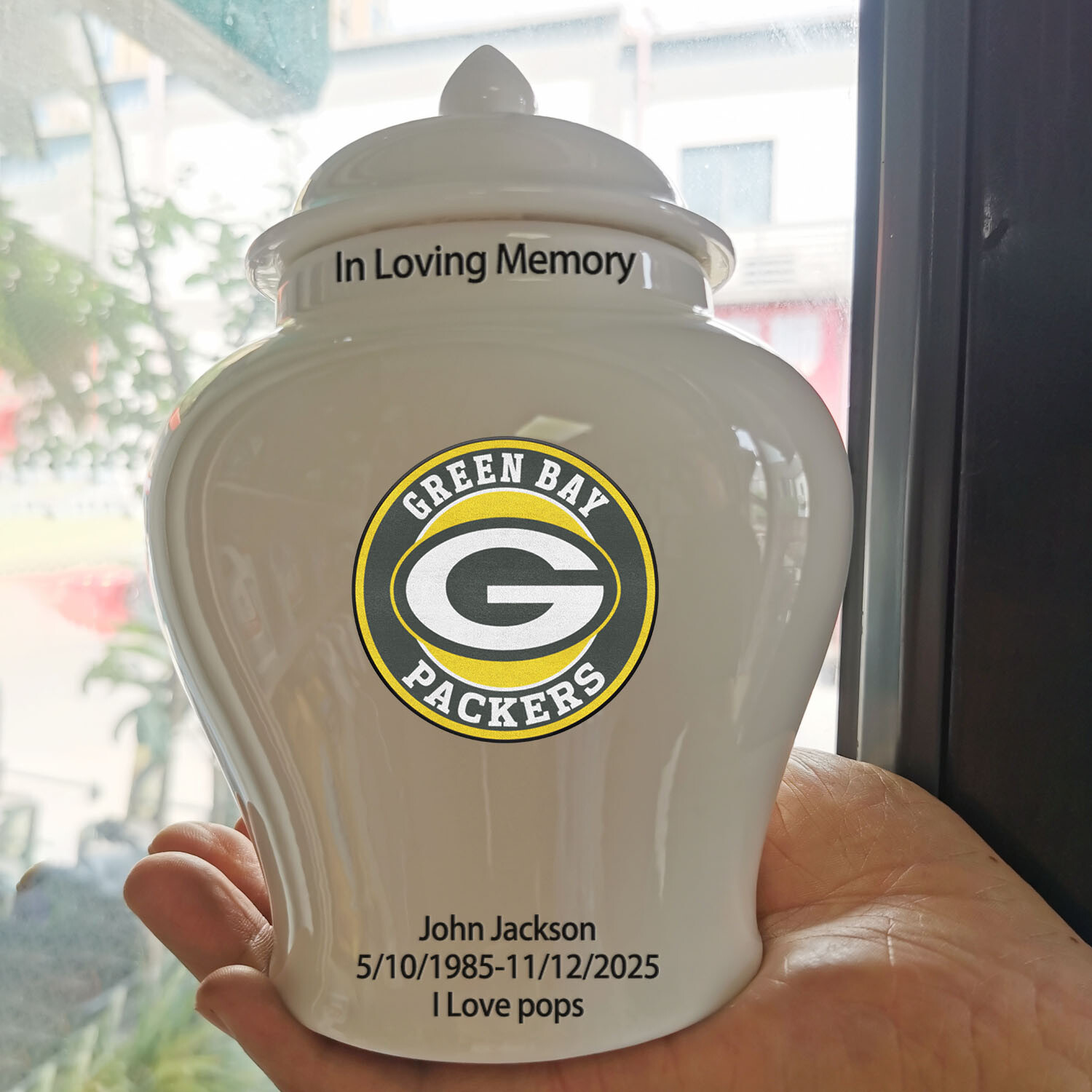Ceramic Medium Urn – Green Bay Packers Football Theme, Custom Text