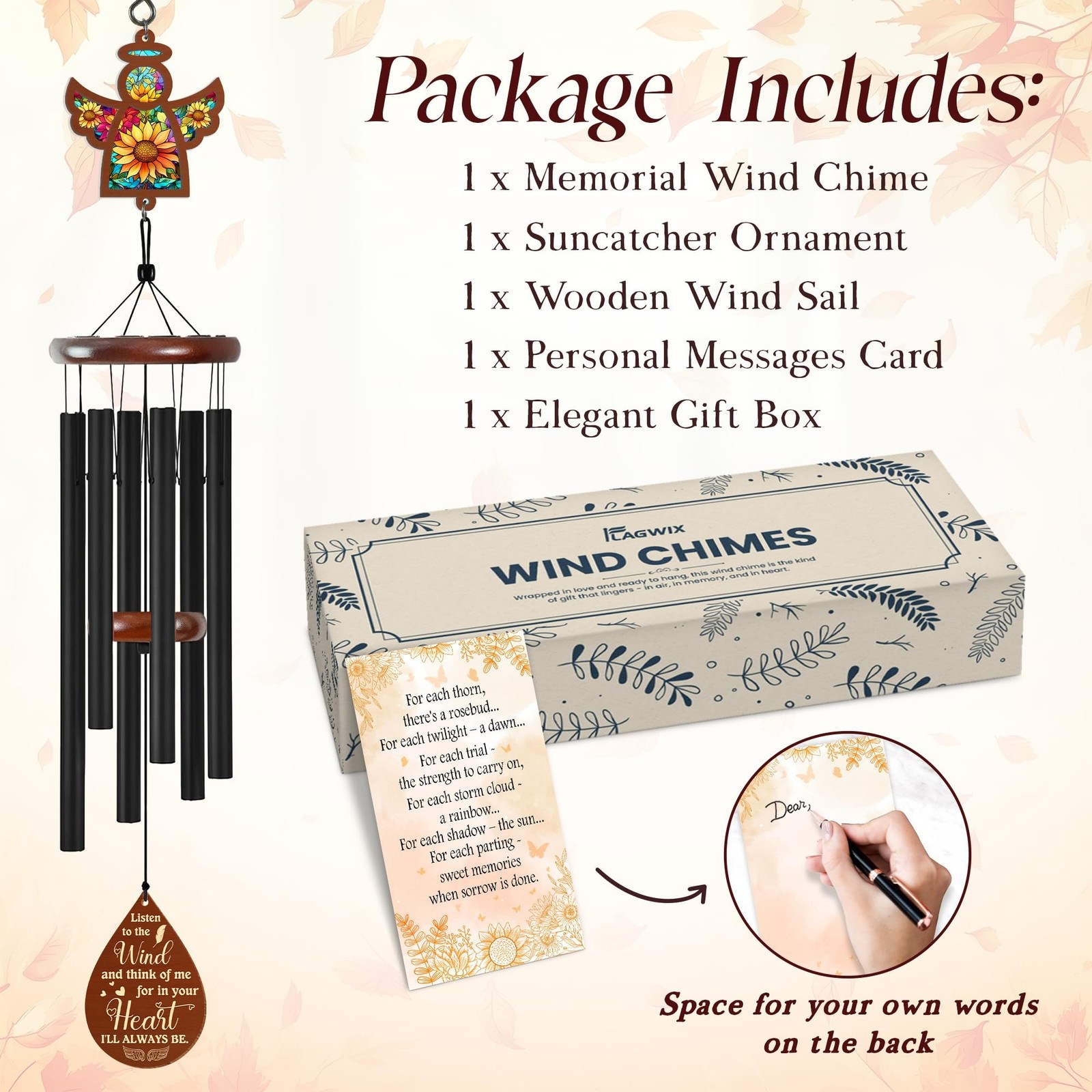 FLAGWIX Sympathy Gifts for Loss of Loved One – Memorial Angel Wind Chimes 32″…