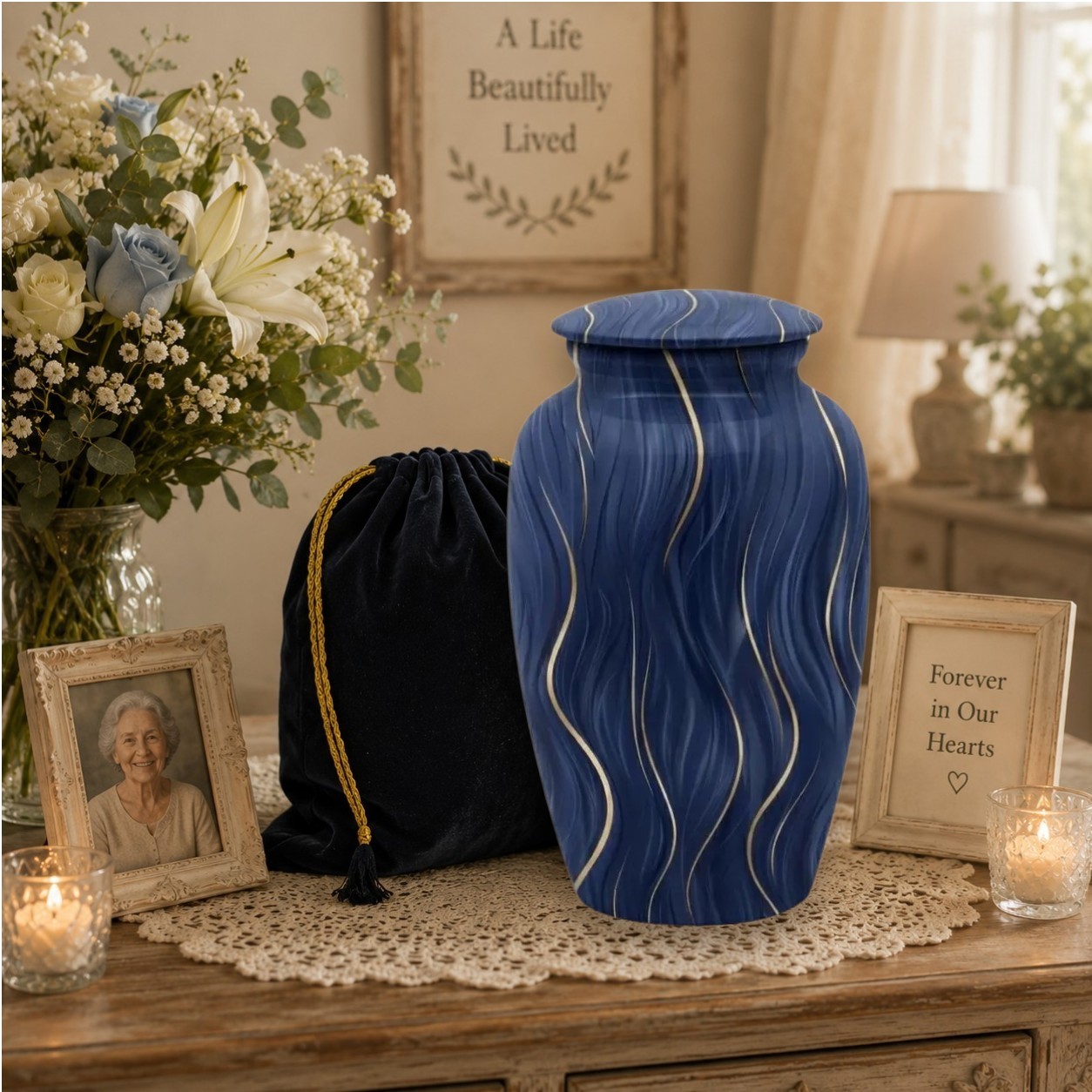 Cremation Urns for Adults Male Female Blue Gold Funeral Urns Large 190 Cu In