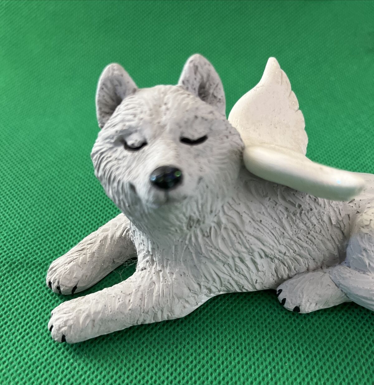 Ceramic Memorial Dog With Angel Wings & Eyes Closed Pet Remembrance Figure Gray