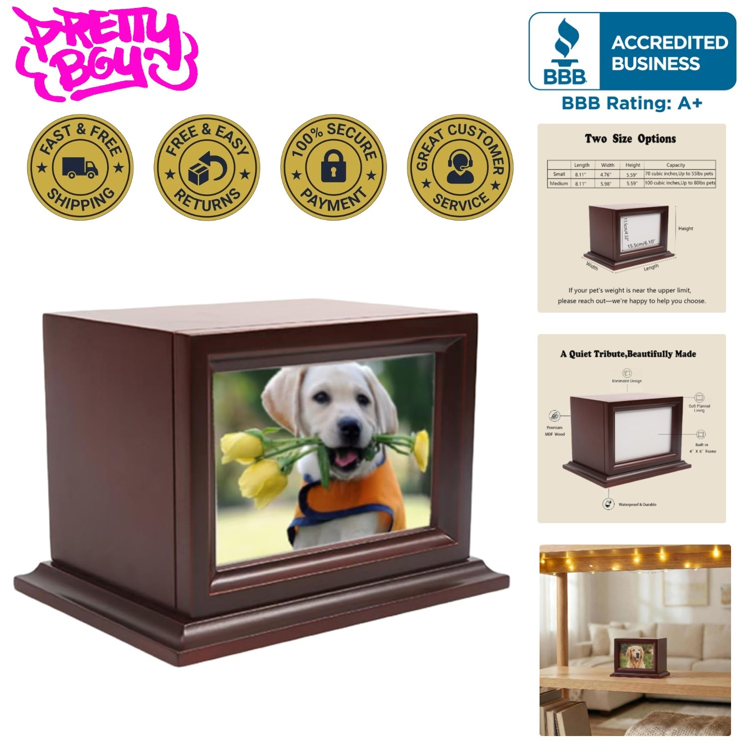 Elegant Wooden Pet Memorial Urn with Photo Frame for Small/Medium Pets