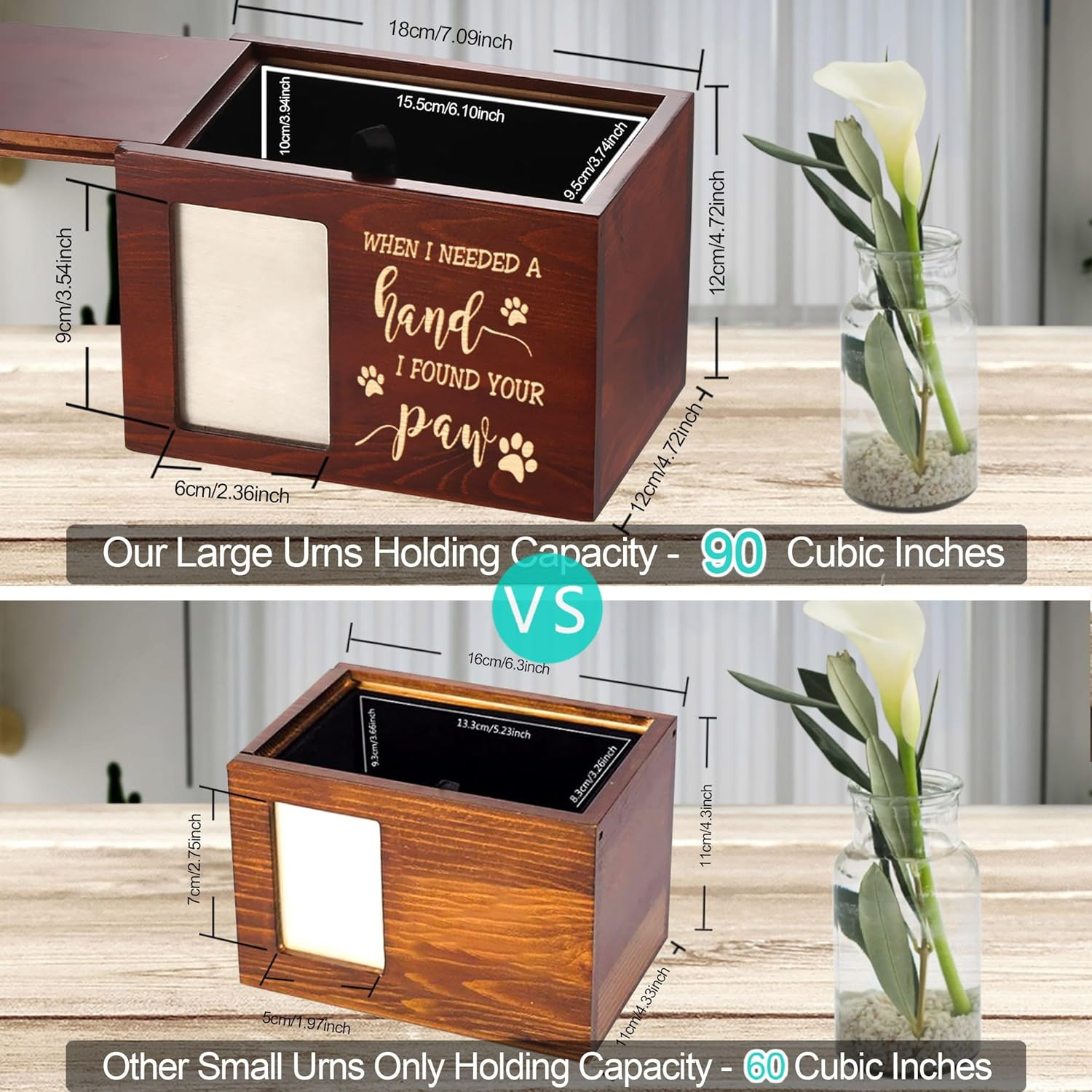 Wooden Pet Memorial Urn for Dog or Cat Ashes with Photo Frame Keepsake Box
