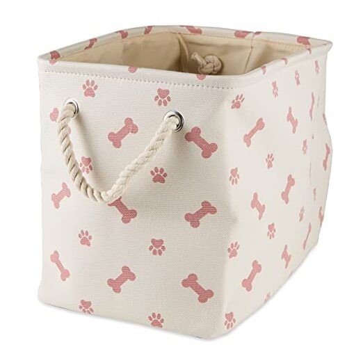 Pet Storage Collection Paw and Bone Print Small Rectangle, 14x8x9″ Rose