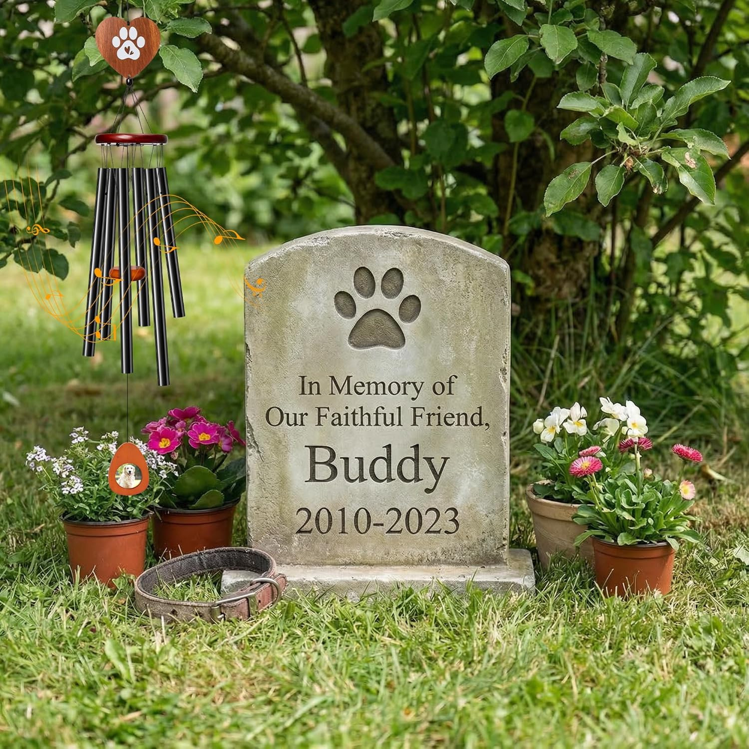 Dog Memorial Wind Chimes – 36” Pet Memorial Gift with Wooden Base, Pawprint Orn