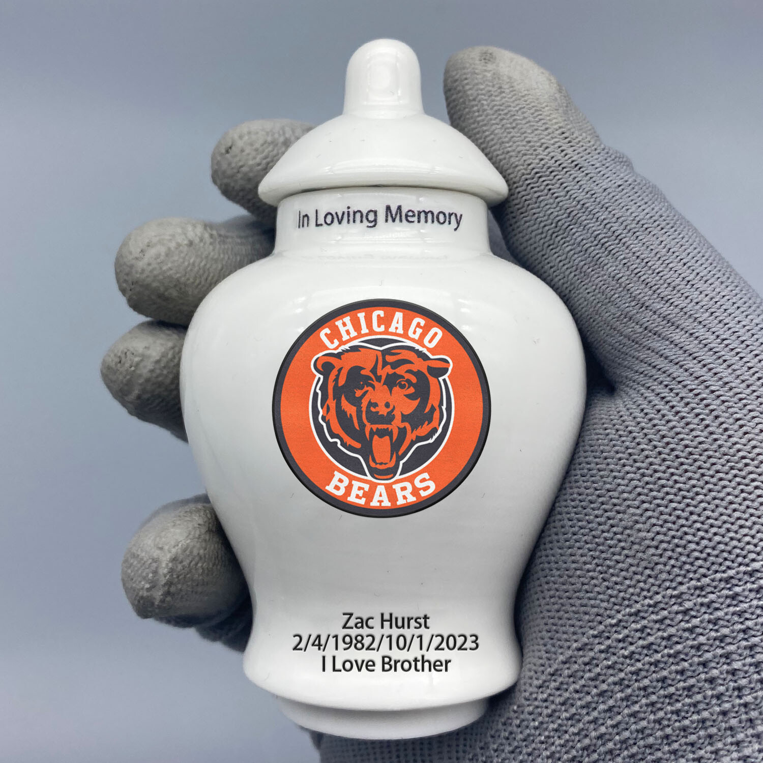 Ceramic Mini Urn for Chicago Bears Football Theme, Custom Text & Number