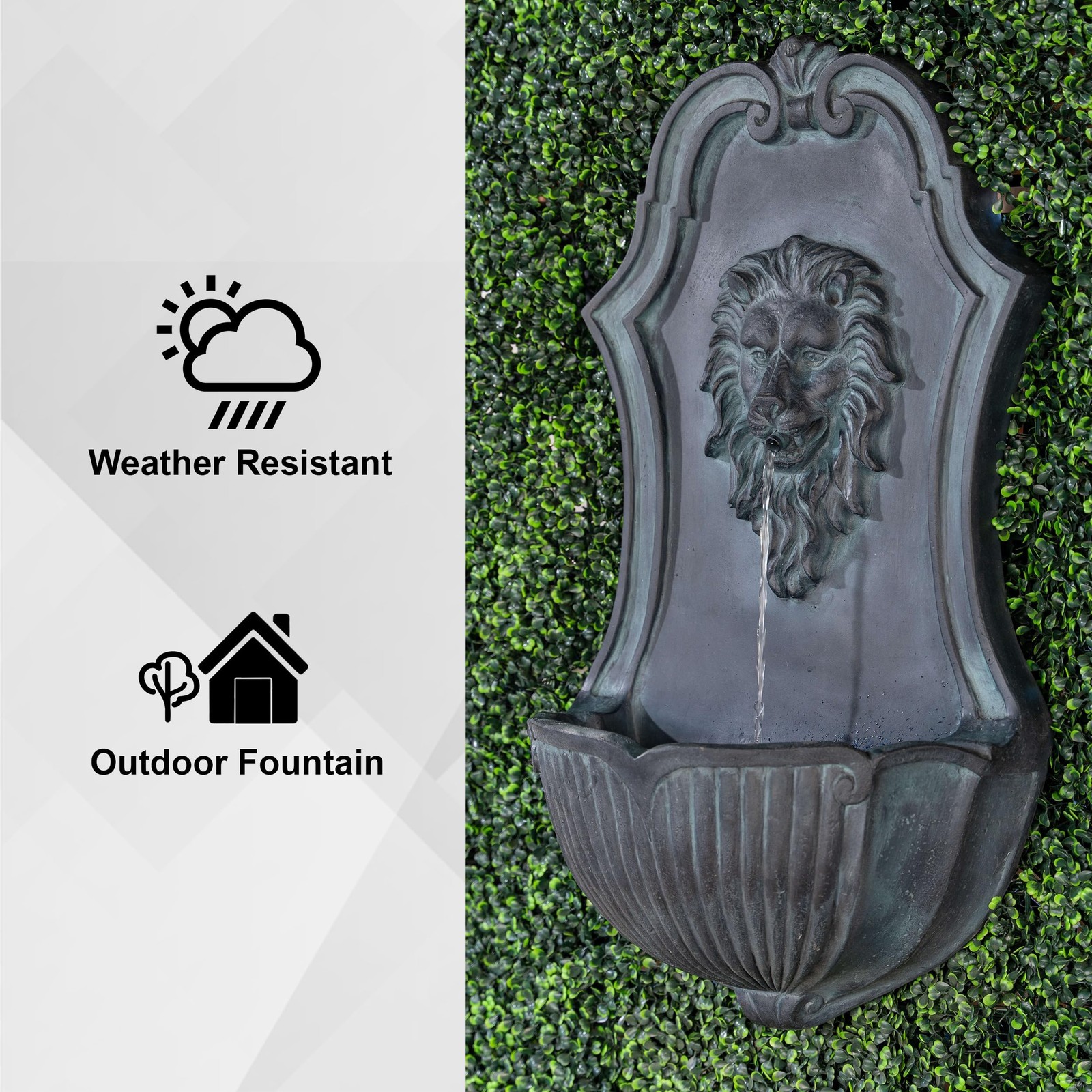 XBrand 26″ Solar-Powered Wall-Mounted Lion Head Fountain, Resin, Outdoor, Gray