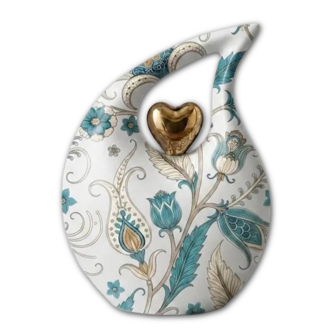White Teardrop Cremation Urn for Ashes Floral Design with Gold Heart Accent Urns