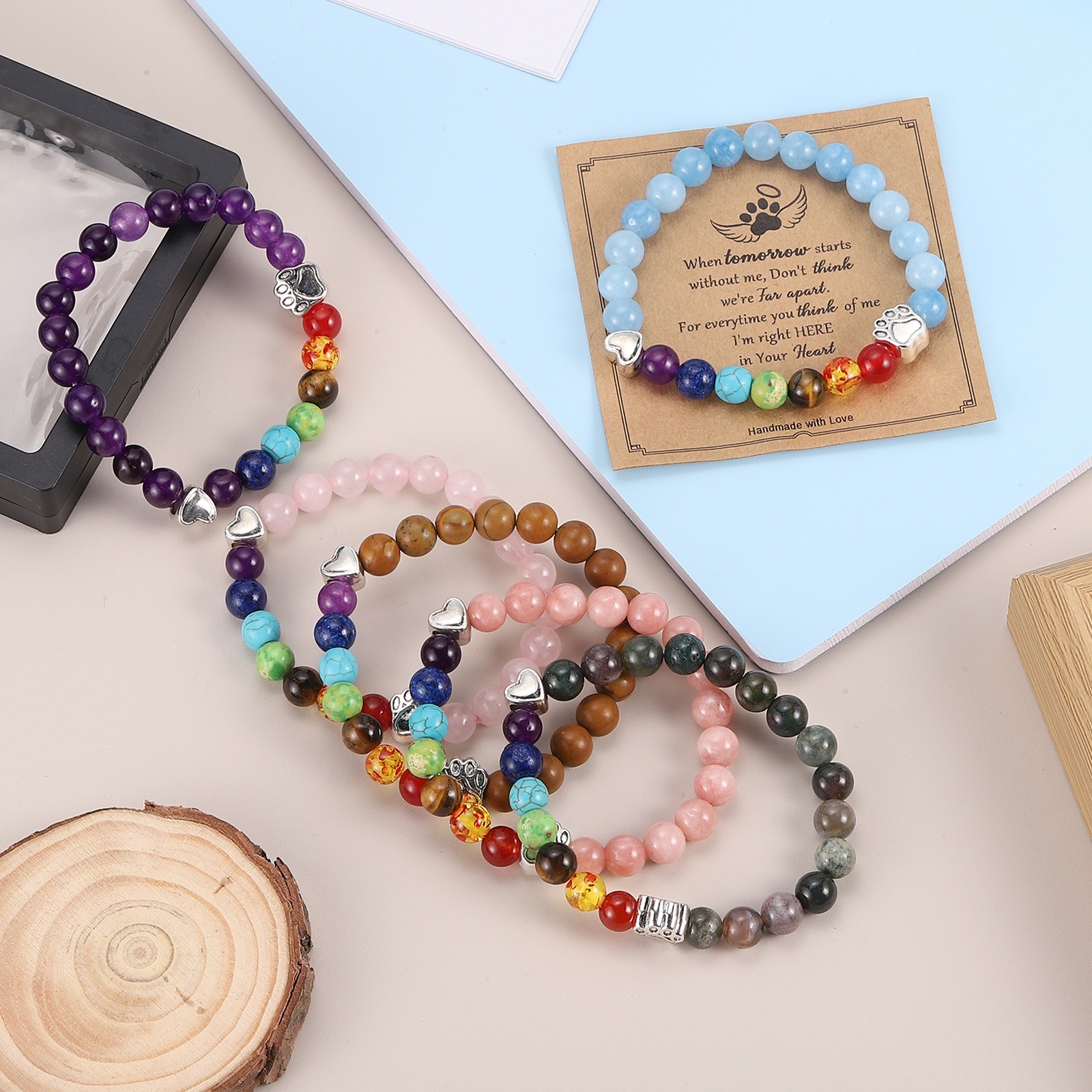 Stone Paw Bracelet,Heart Rainbow Paw Print Dog Mom Memorial Bracelet,Blue