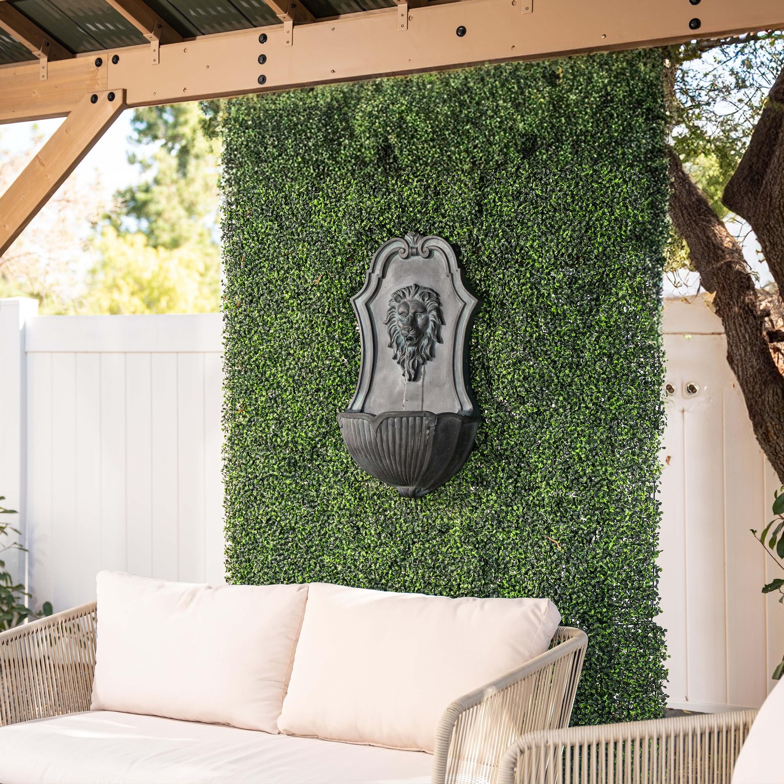 XBrand 26″ Solar-Powered Wall-Mounted Lion Head Fountain, Resin, Outdoor, Gray
