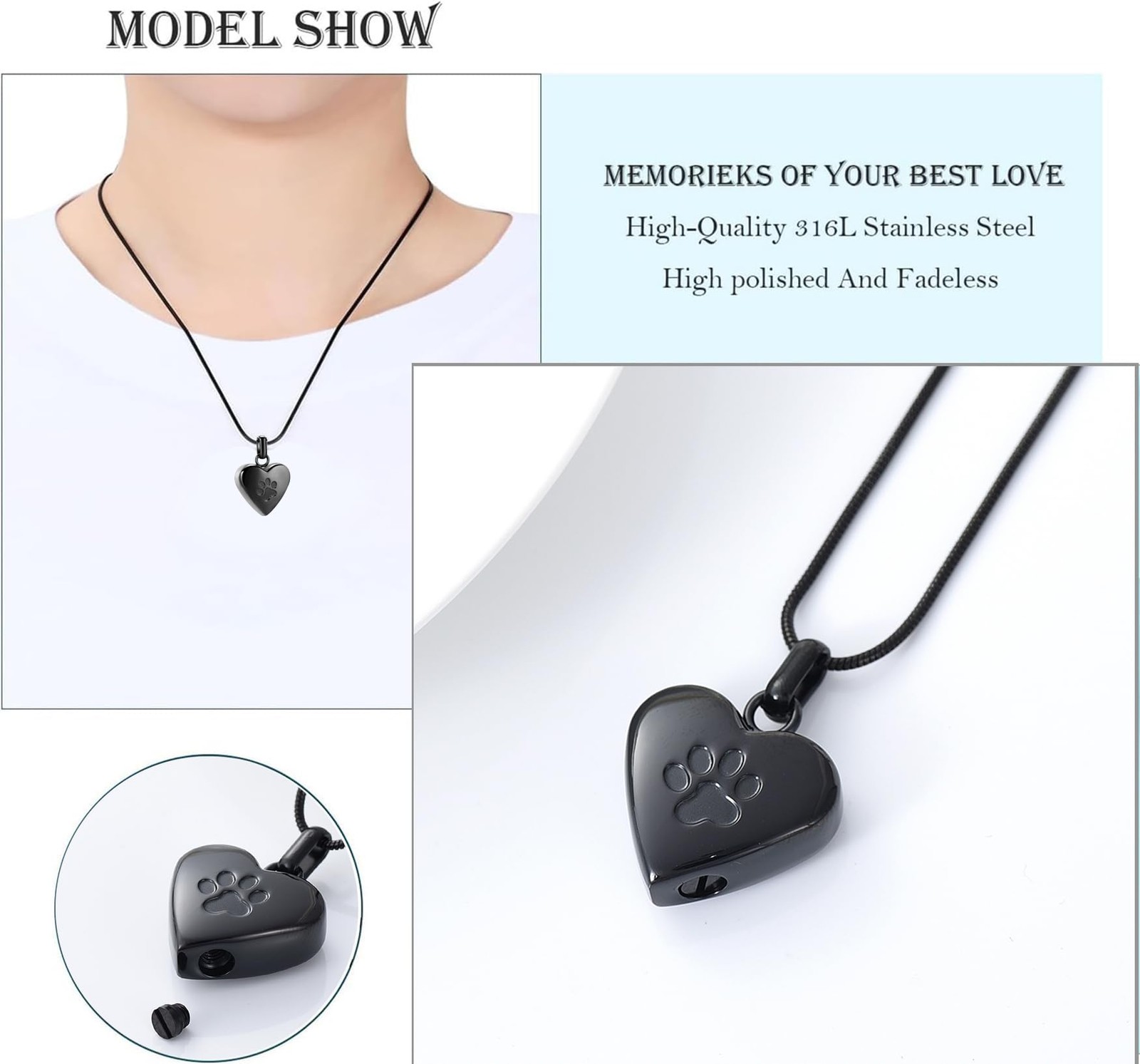 zeqingjw Pet Cremation Jewelry for Ashes Pendant Paw Print Small, Heart-Black