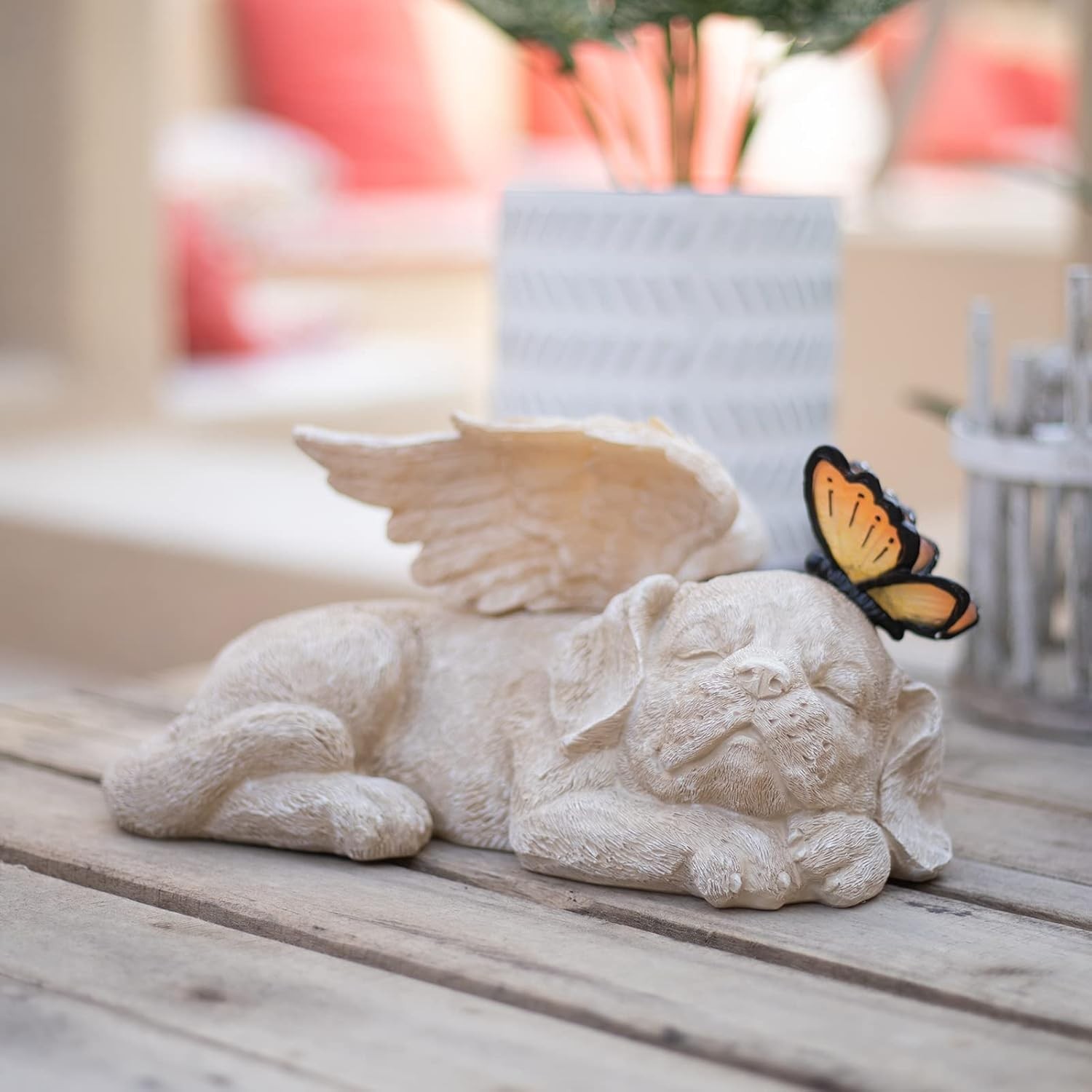 Beautifully Hand-Painted Sleeping Dog Angel Statue with Solar Illumination