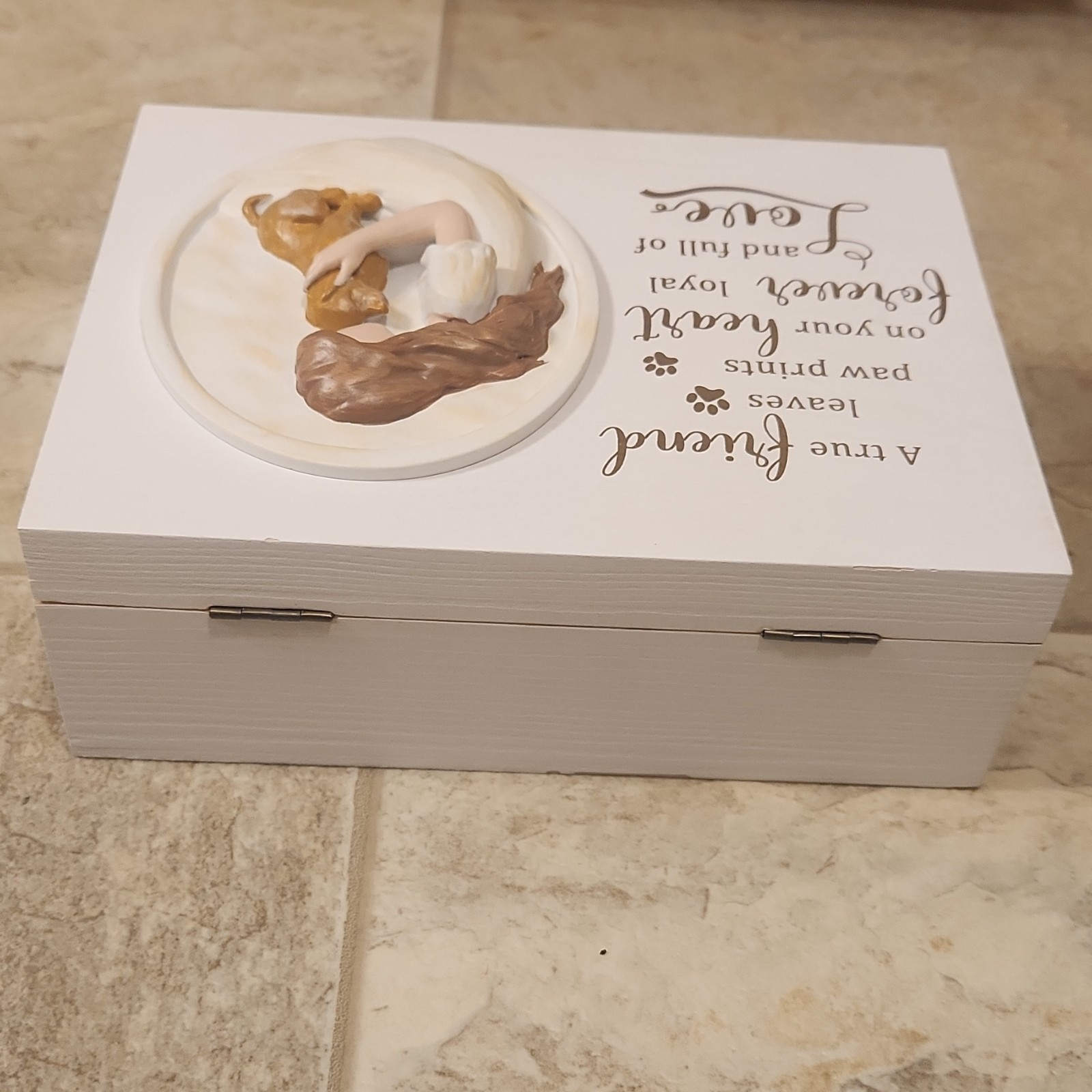 Dog Memorial Urn Wooden Box Engraved Paw Prints Girl Dog Relief Sculpture Quote
