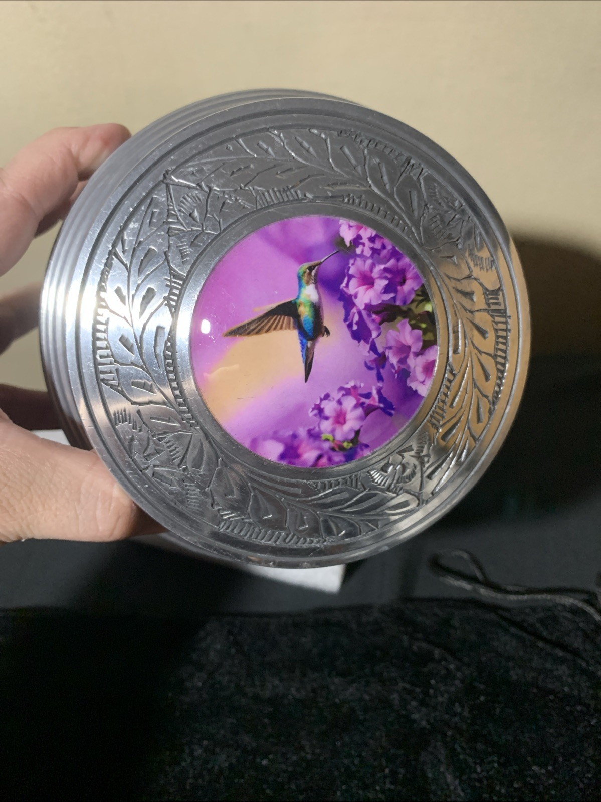 Adult Cremation Urn – Hummingbird Sunrise Serenade Purple & Silver Urn for Ashes