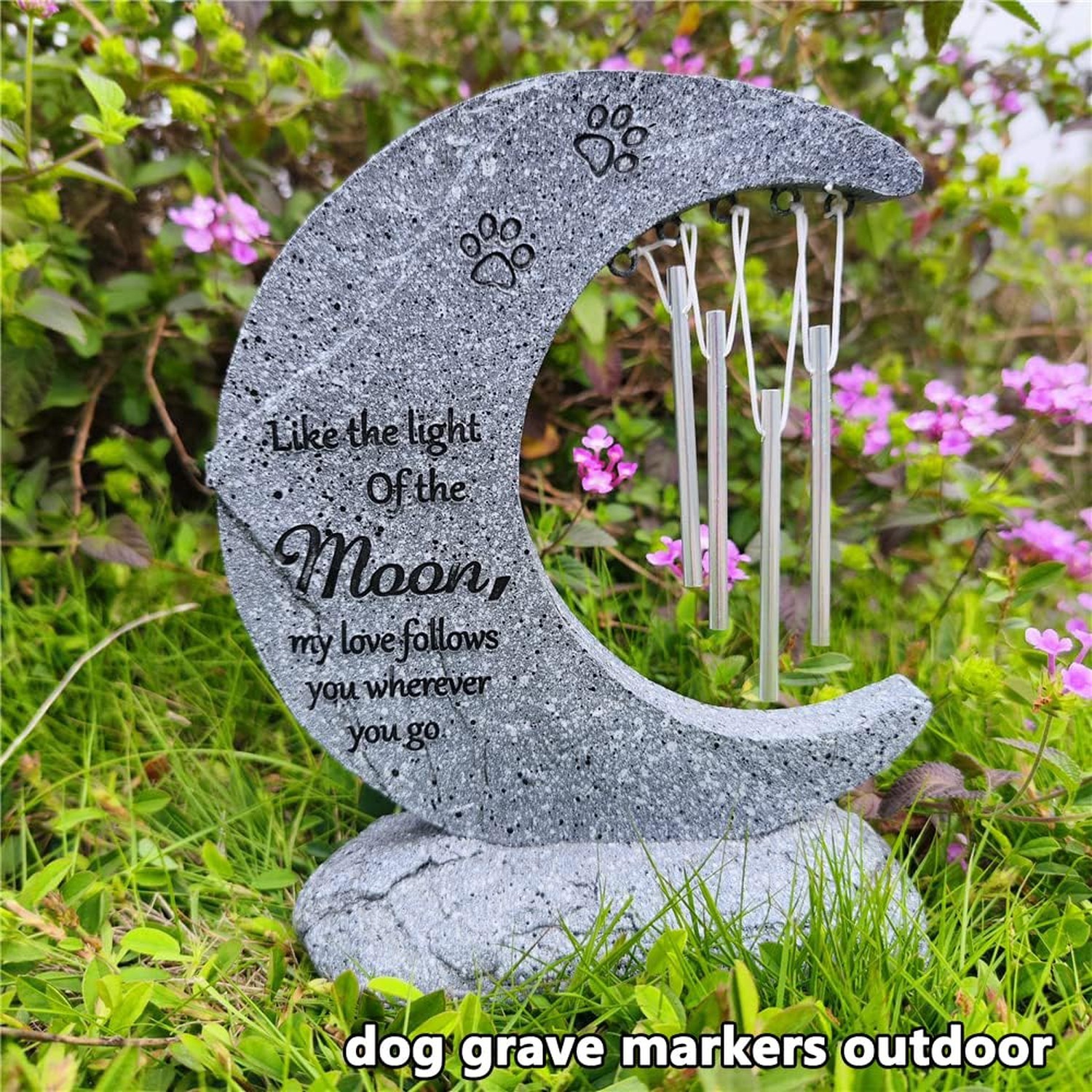 jinhuoba Pet Memorial Stones for Dogs with Wind Chimes, Moon Shape Headstones…