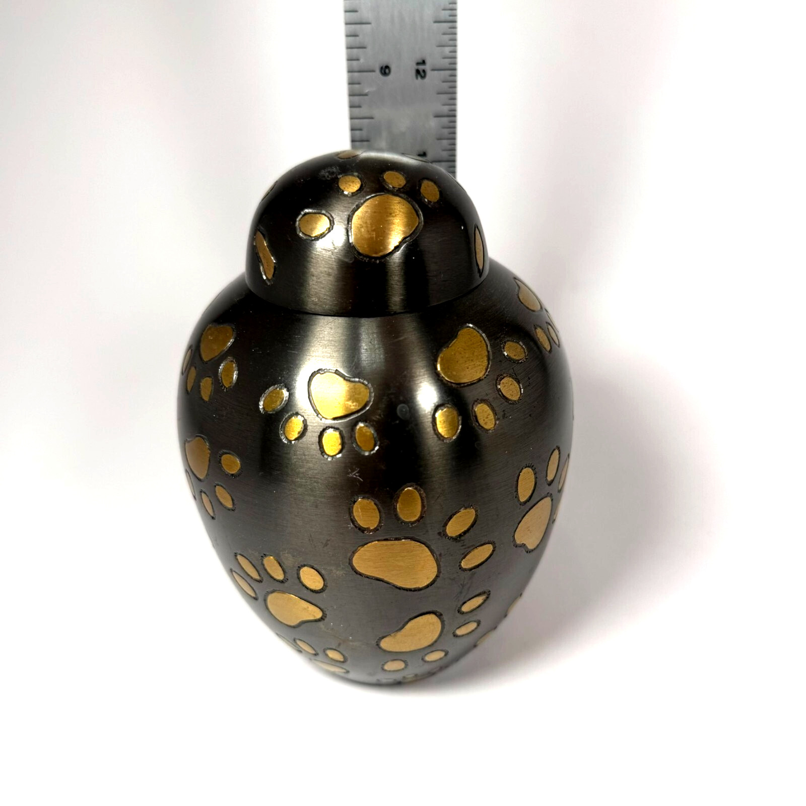 Pet Urn Metal 5 1/2″ tall Paw Prints Gray and Gold Cremation Ashes NWOT