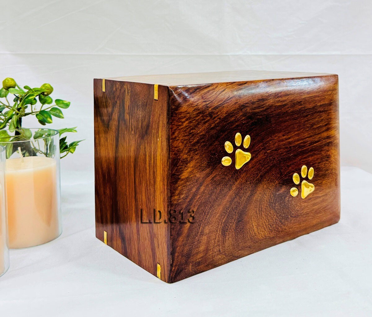 Natural Rosewood Urn for Pet Ashes, Dogs or Cats, with 2 Brass footprints,