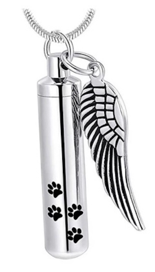 Cylinder with Paw Prints & Wing, Silver Tone Memorial Necklace (J-525-G)