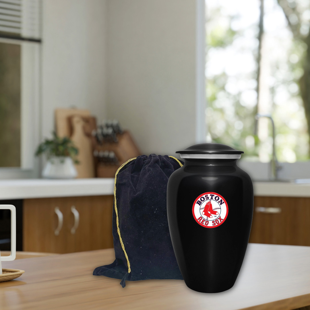 Large Boston Red Sox Baseball Theme Cremation Black Urn Adult Human Ashes w/Bag