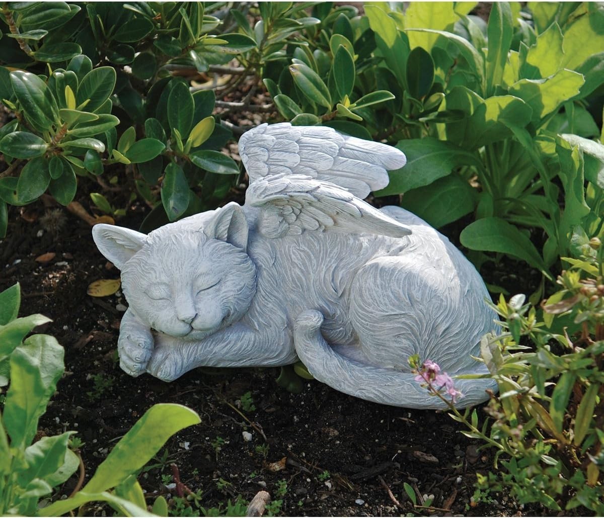 Cat Angel Memorial Statue, 10 Inch Grave Marker for Pet Tribute and Remembrance