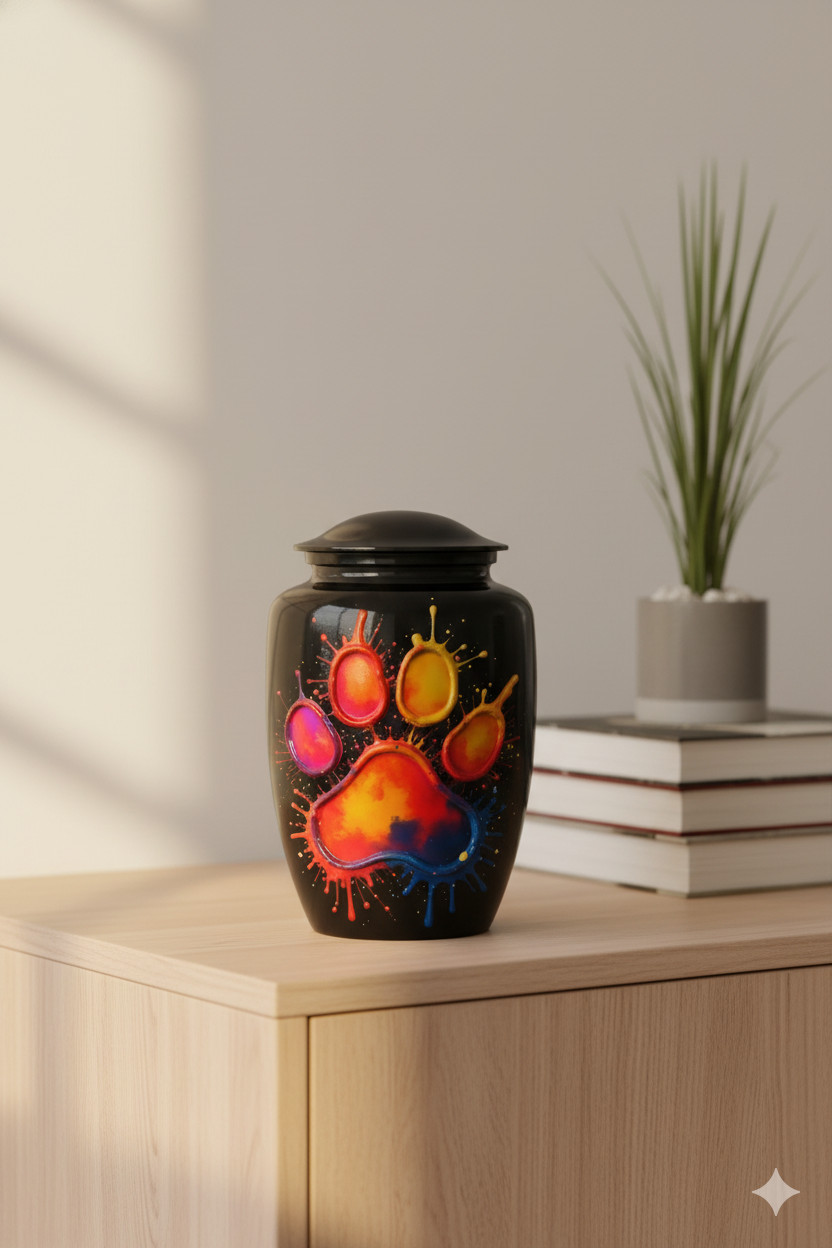 Colorful Paw Print Urn Jar with Lid – Pet Memorial Ashes Container, Decorative