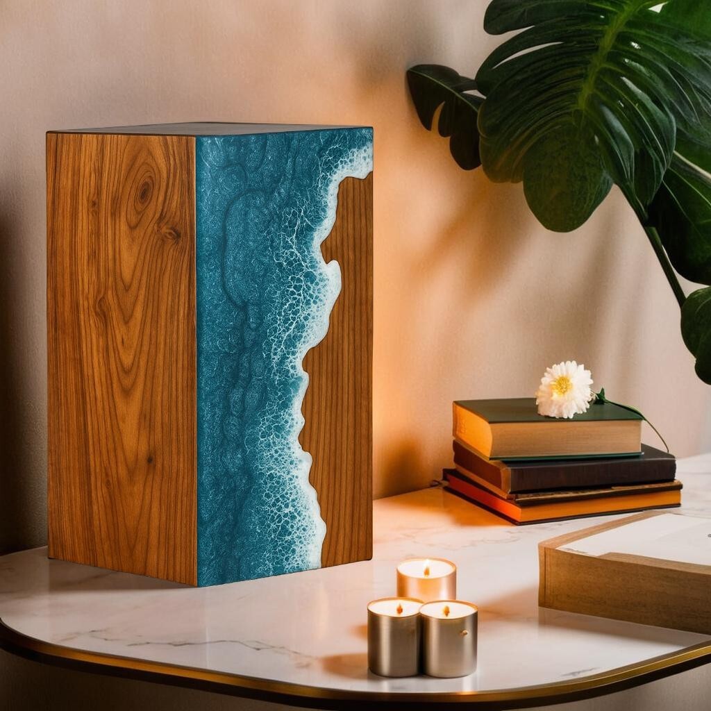Handcrafted Wooden Ocean Wave Urn for Adult Human Ashes – Memorial Funeral Box