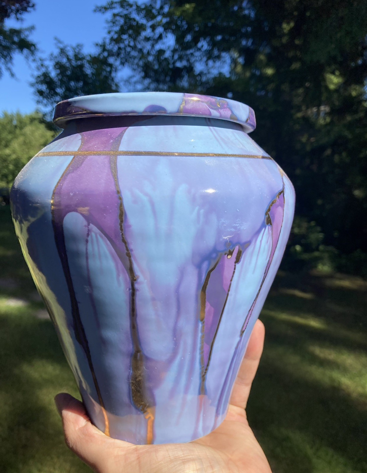 Handmade Ceramic Cremation Urn Keepsake Vessel in Periwinkle with Gold, 150 ci