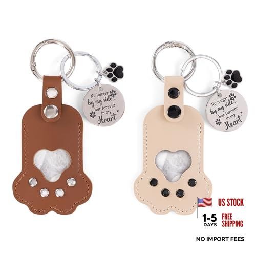 Leather Dog Memorial Keychain: Pet Paw Print Fur Keepsake – Cute Brown & Beige