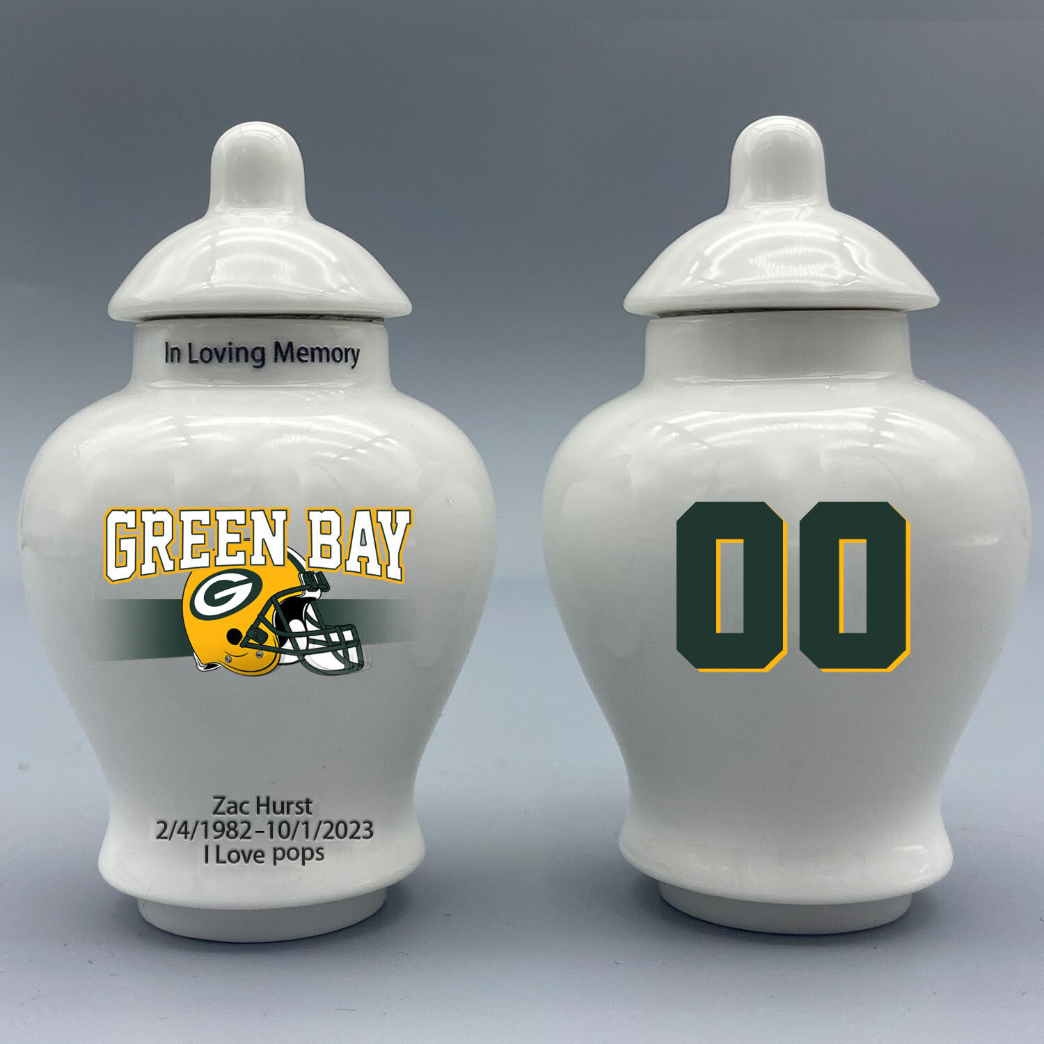 Ceramic Football Urn – Green Bay Packers Theme, Custom Text & Number