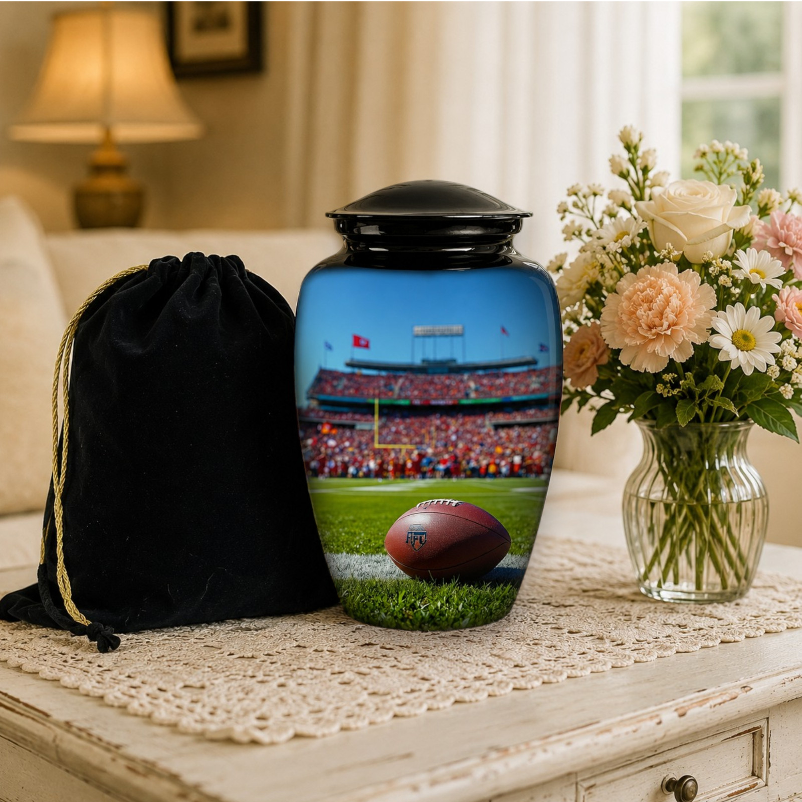 Football Cremation Large Black Urn Human Ashes w/Bag for Your Love Ones Earns