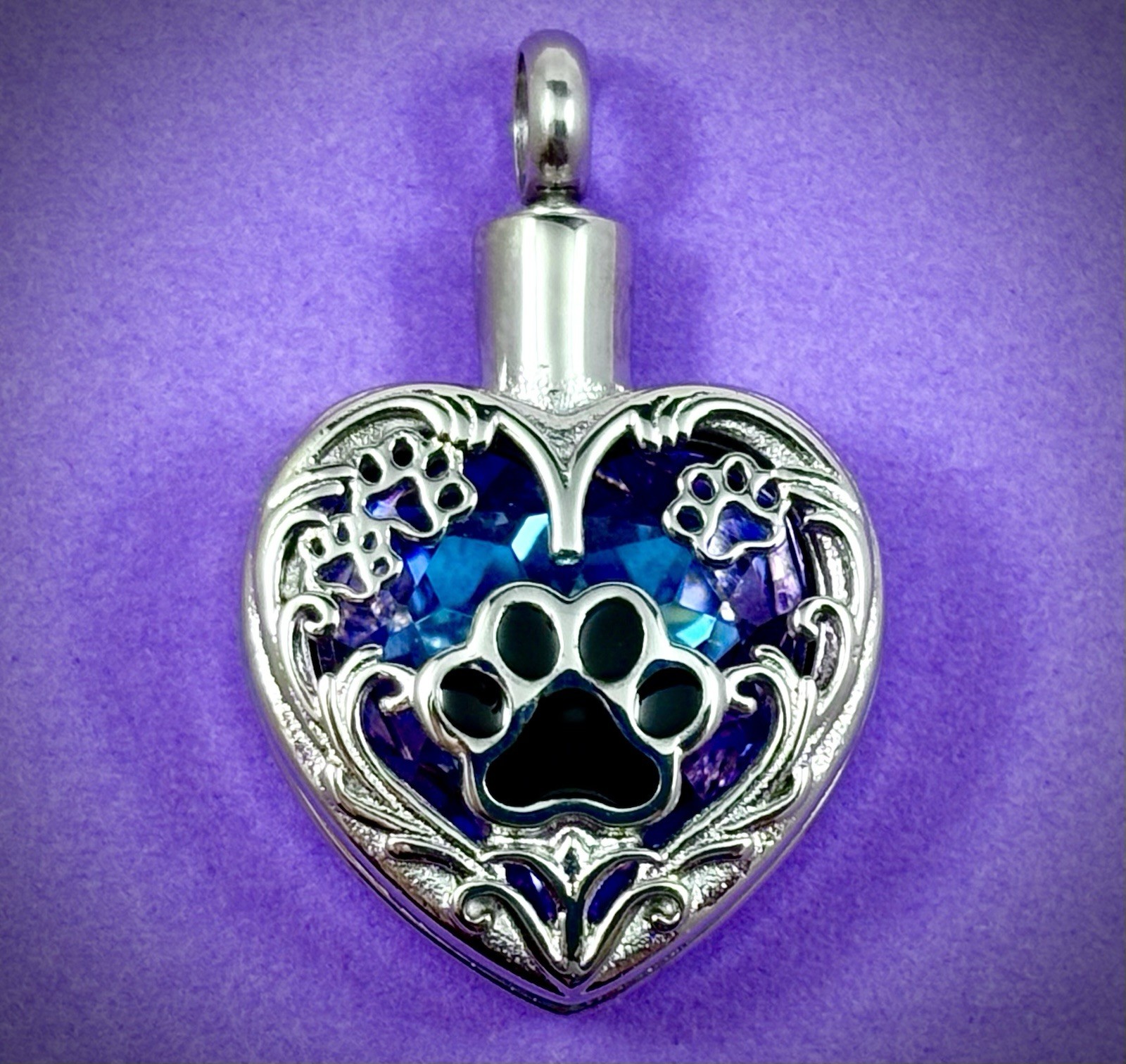 Purple Pet Cremation Necklace Holds Ashes Urn Pendant Jewelry Gift Paw Print Dog
