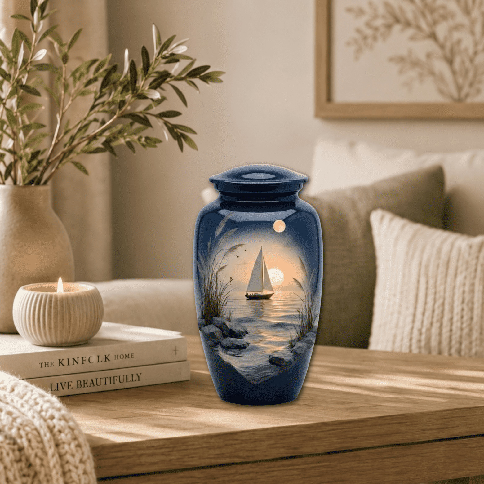 Sailboat Ocean Sunset Moonlight Cremation Urn for Human Ashes 190 Cu In Adult