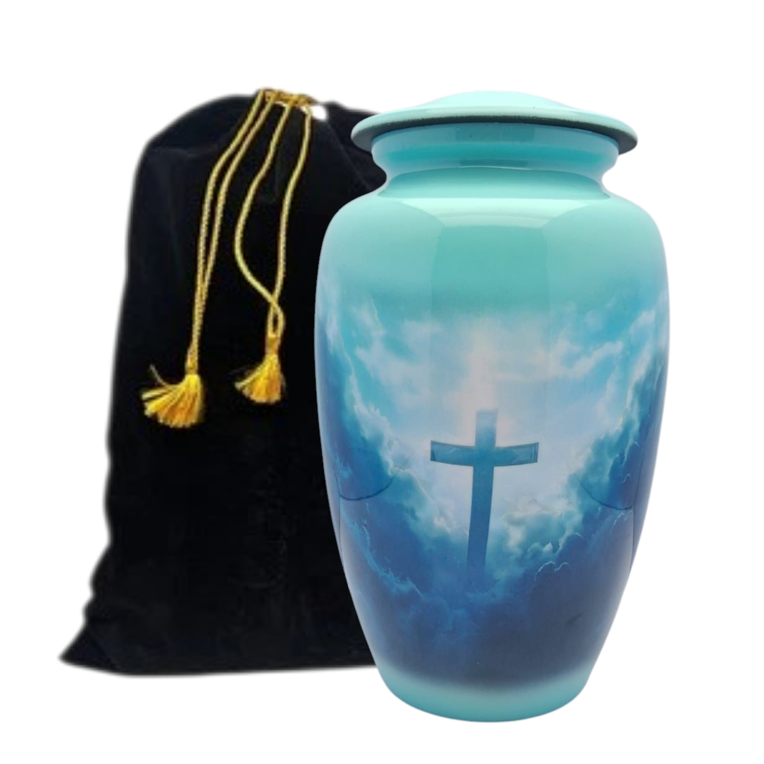 Green Christian Cremation Memorial Urn Cross Adult Funeral Ashes Urns Vase w/Bag