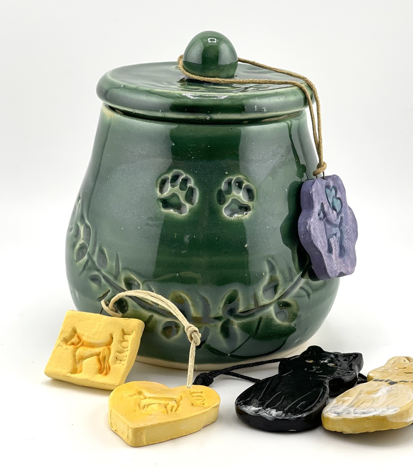 PET URN Hand Carved Pottery Cremation Ashes & Memorabilia EMERALD GREEN S/M New
