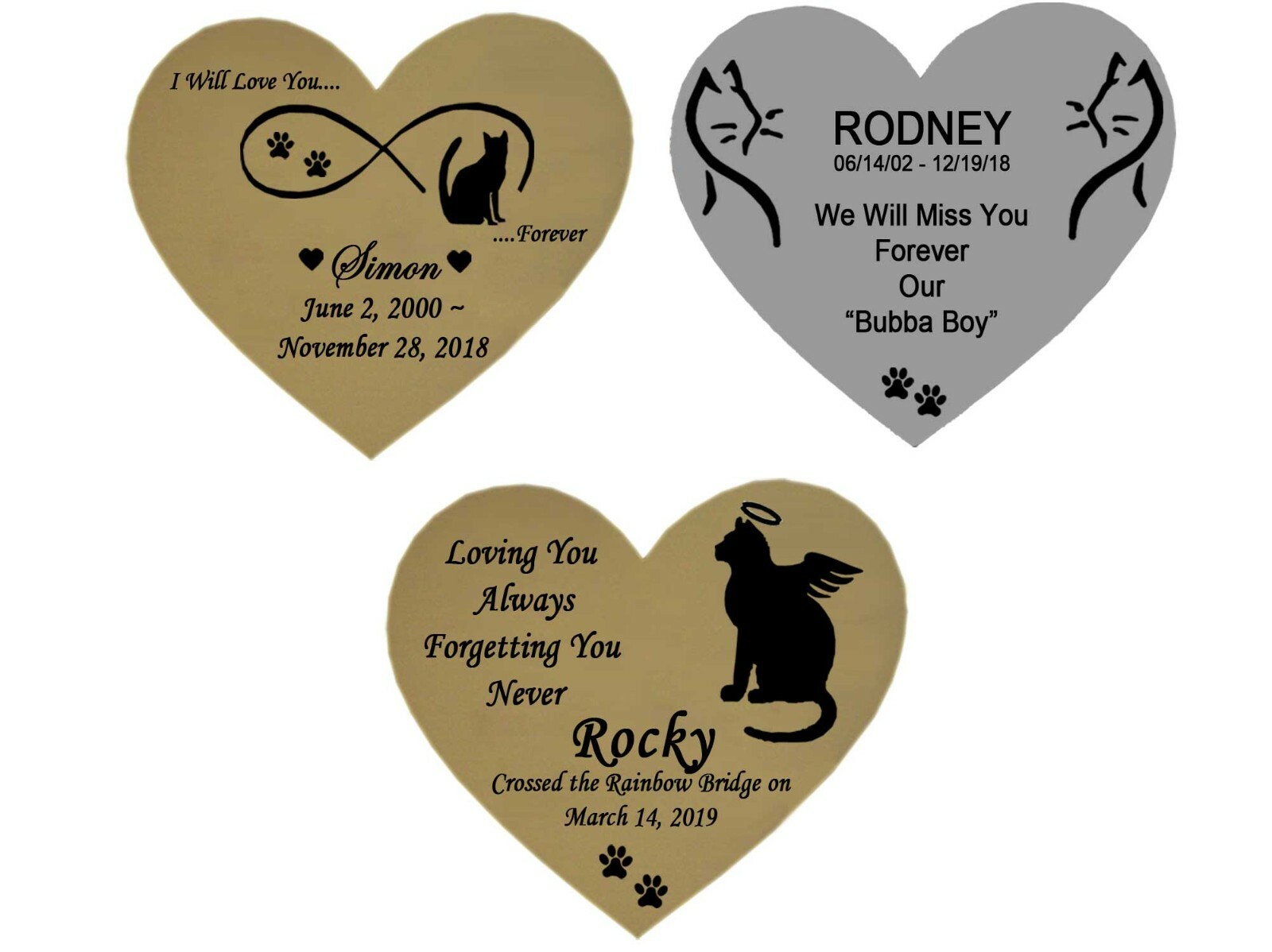 Cat Memorial Engraved Heart Shape Plates Pet Loss – Gold or Silver – 2 Sizes