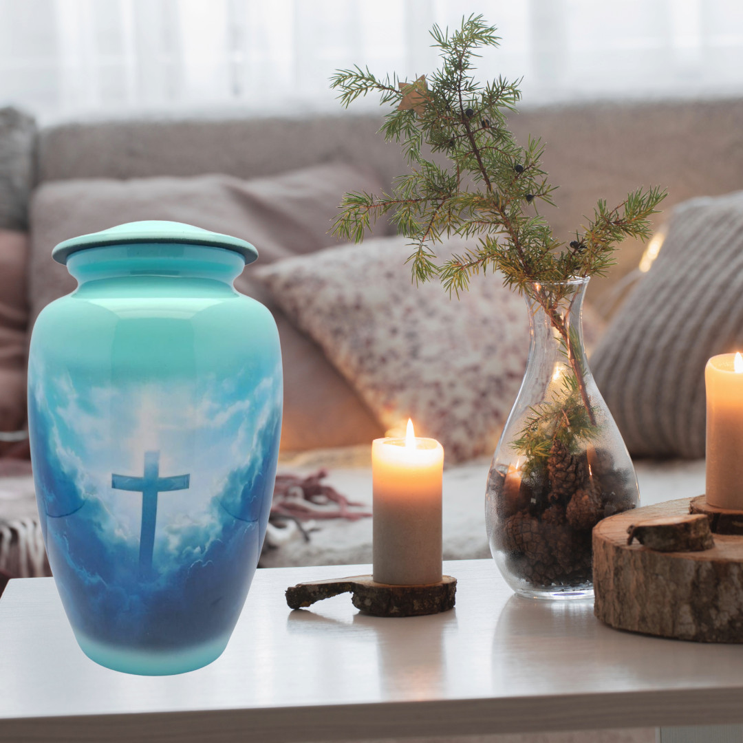 Green Christian Cremation Memorial Urn Cross Adult Funeral Ashes Urns Vase w/Bag