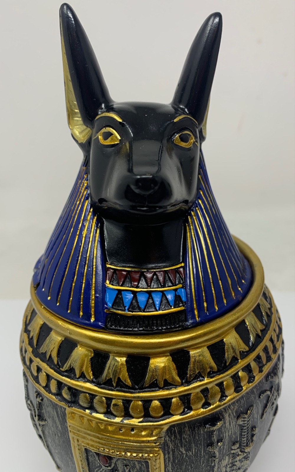 Egyptian Jar 9″ Dark Blue Anubis Memorial Pet Dog Urn Quality Resin–Chip Damage