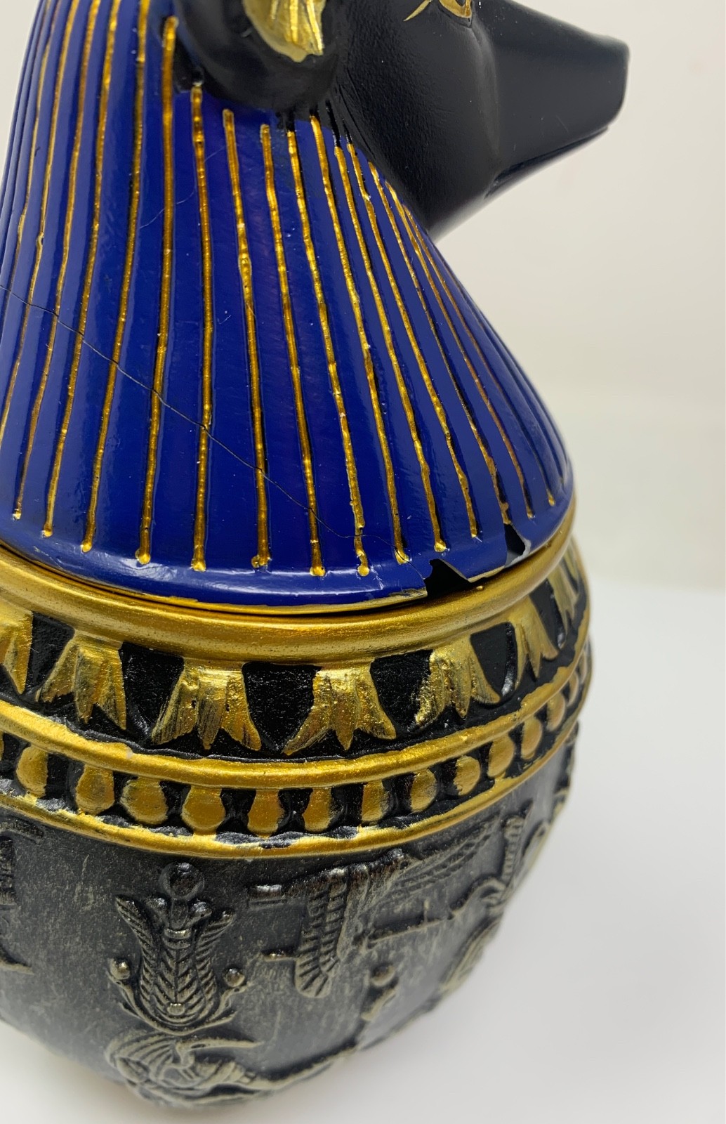 Egyptian Jar 9″ Dark Blue Anubis Memorial Pet Dog Urn Quality Resin–Chip Damage