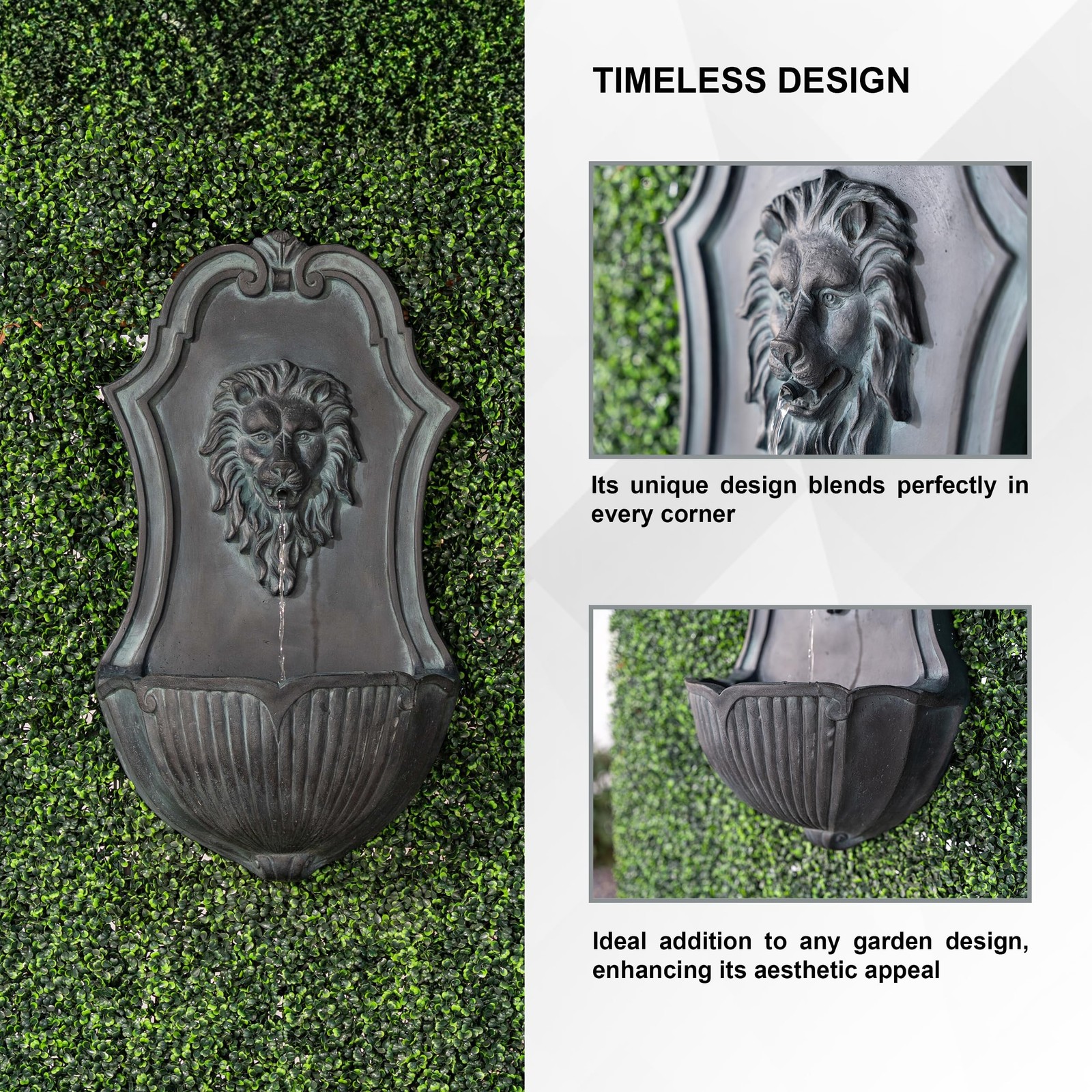 XBrand 26″ Solar-Powered Wall-Mounted Lion Head Fountain, Resin, Outdoor, Gray