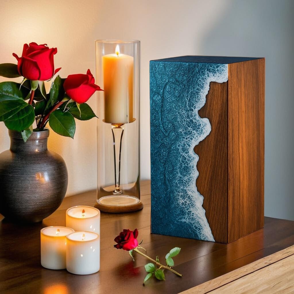 Handcrafted Wooden Ocean Wave Urn for Adult Human Ashes – Memorial Funeral Box