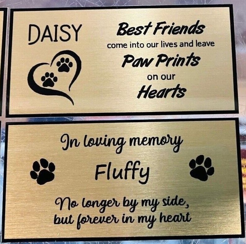 Custom Pet Dog or Cat Memorial Plate 3″x1.5″ Aluminum Gold/Silver 4 Styles SALE!