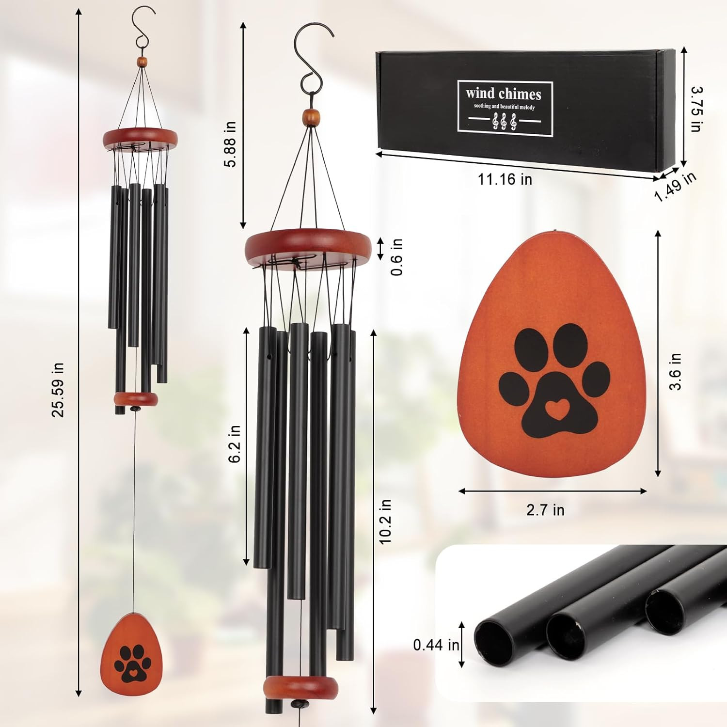 Pet Memorial Wind Chime, Black Sympathy Wind Chime for Dog or Cat Loss, Outdoor