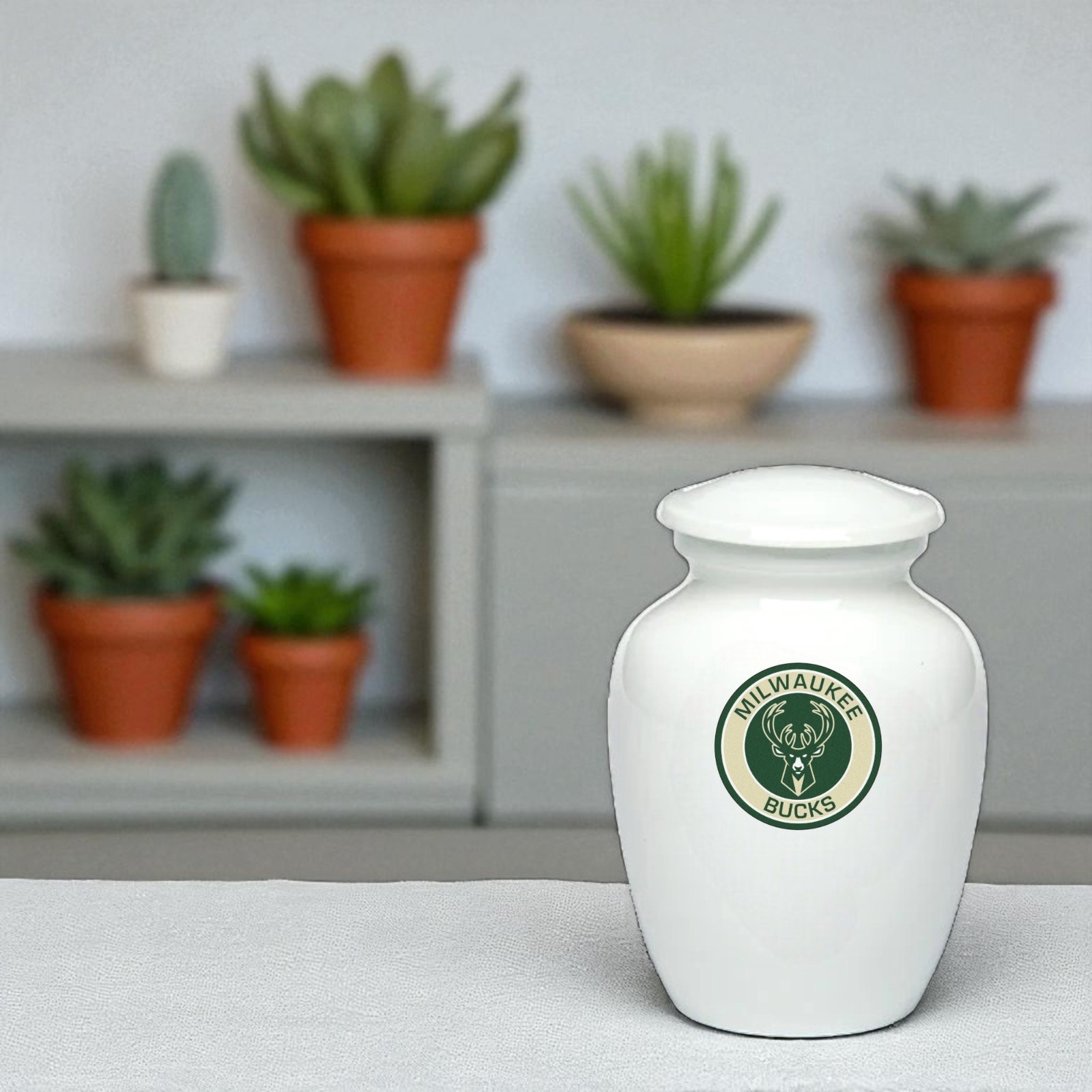 Milwaukee Bucks Basketball Style Cremation Urn Adult Ashes White Metal 8 In Urns