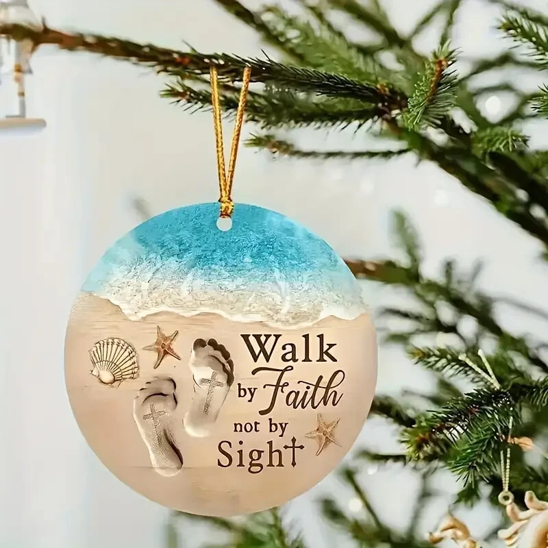 Walk By Faith not by Sight Beach Footprints Acrylic Hanging Ornament