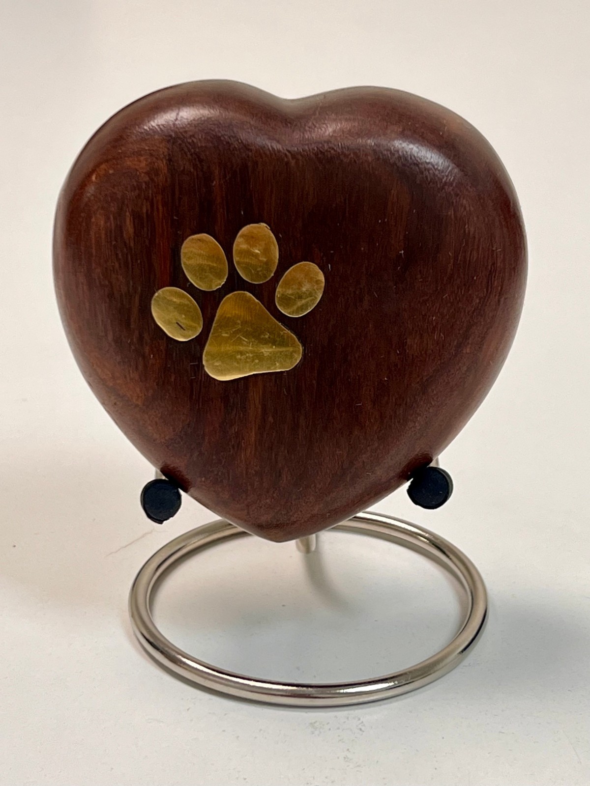 Wood Pet Cremation Urn Heart Shape w/ Brass Paw Print Memorial Keepsake Small