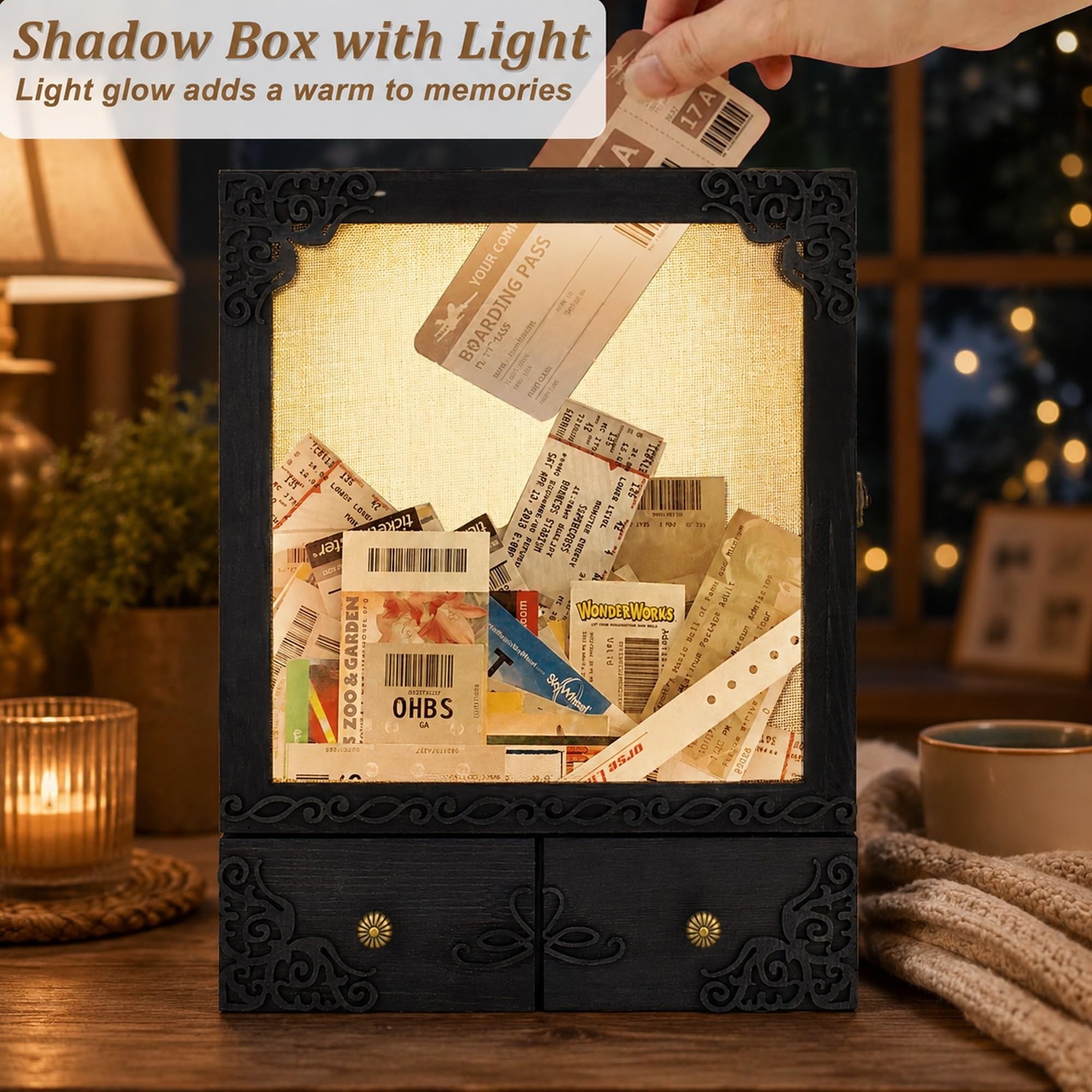 11×16 Shadow Box Frame with Light, Memorial Display Case with Shelves, Drawer…
