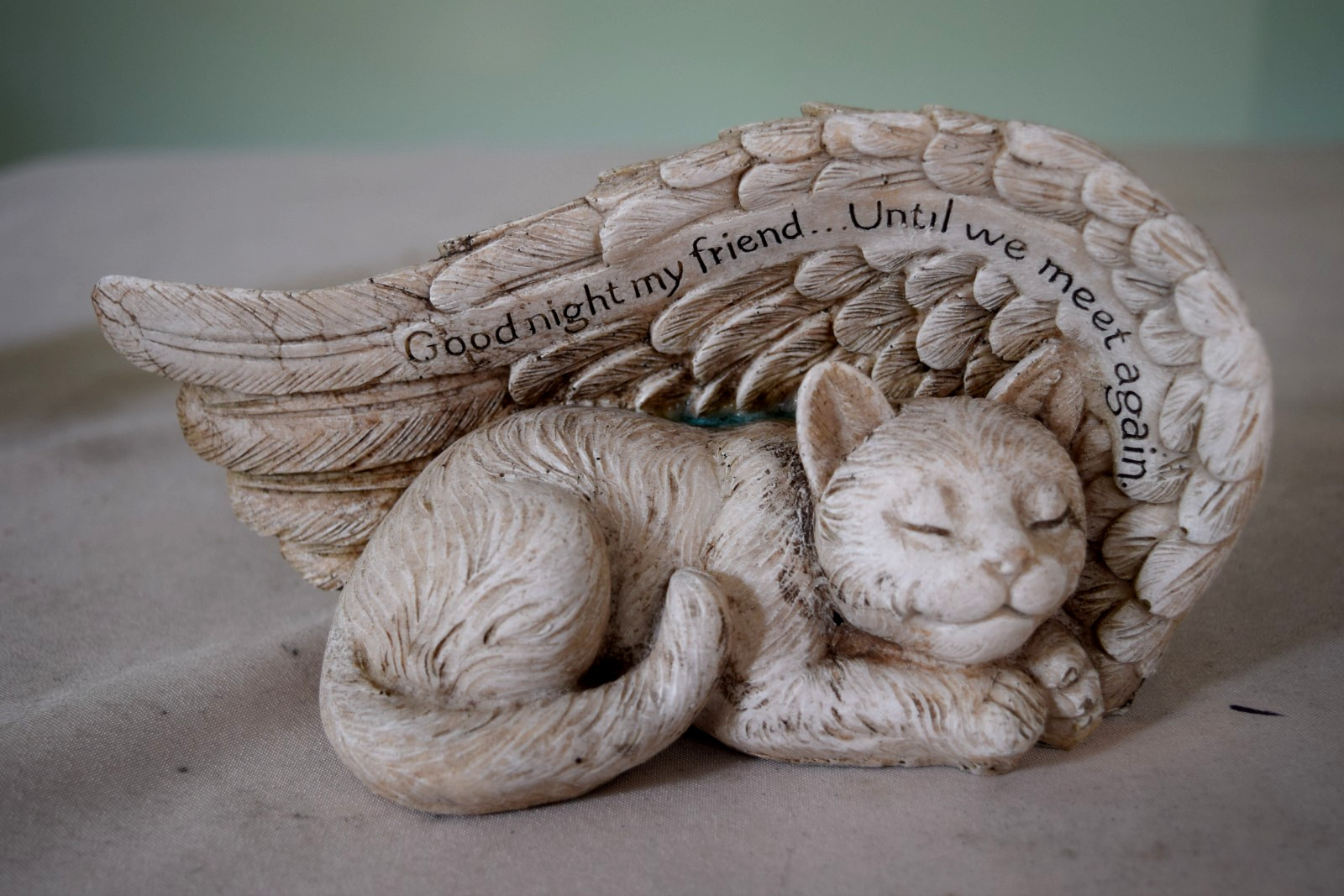Vtg Angel Kitty Memorial Resin Statue “Goodnight My Friend, Until We Meet Again”