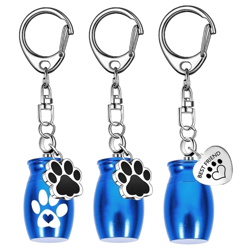 3PCS Urn Keychain Jewelry Dog Ashes Container Metal Pet Memorial Charm