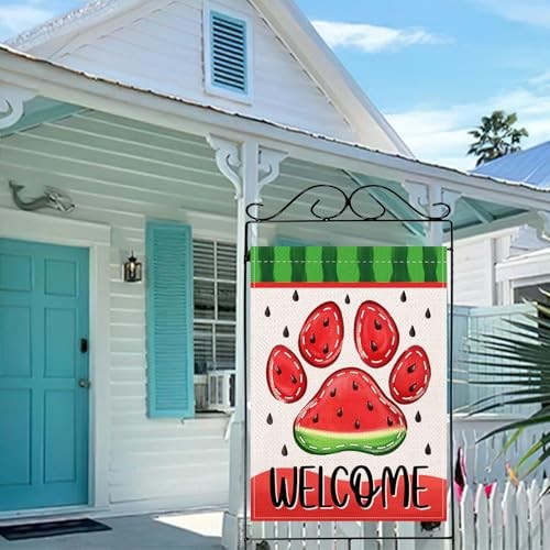 Welcome Summer Dog Cat Paw Print Large Decorative House Flag, Watermelon Yard